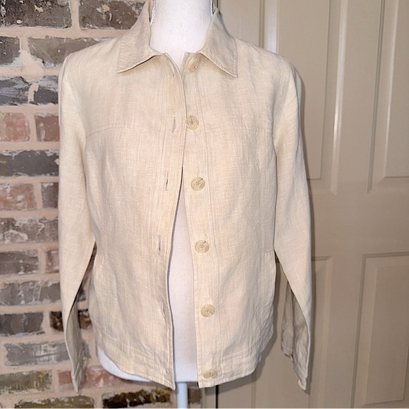 Magaschoni Linen Cropped Button-Front Jacket Shirt Pale Cream Yellow Lined Sz 6 - Picture 8 of 14